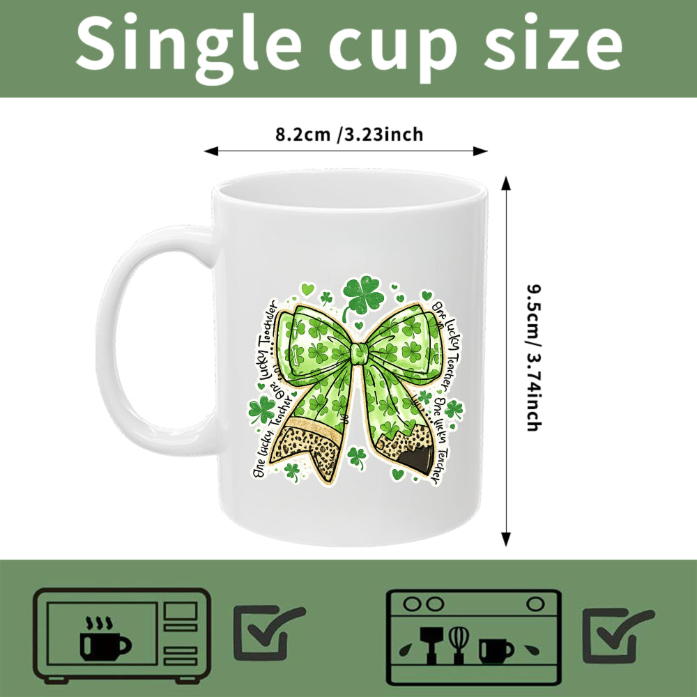 Tailorly White Ceramic 11 oz Mug - One Lucky Teacher Elegant Green Ribbon Featuring Shamrock Patterns And Modern Leopard Print Bow