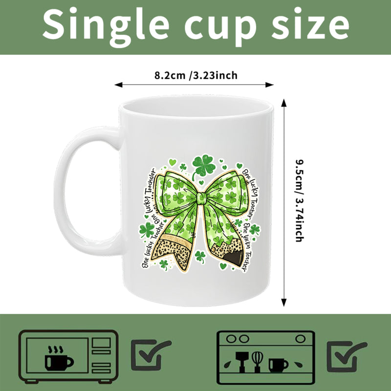 Tailorly White Ceramic 11 oz Mug - One Lucky Teacher Elegant Green Ribbon Featuring Shamrock Patterns And Modern Leopard Print Bow