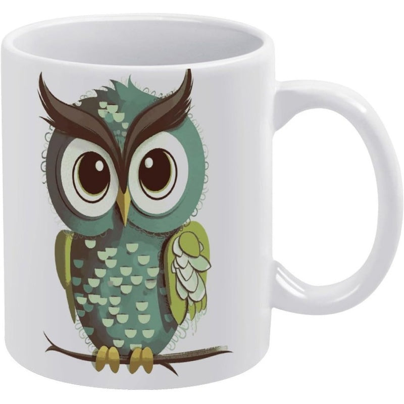 Tailorly White Ceramic 11 oz Mug - Whimsical Artistic Perched Bird With Large Expressive Eyes Illustration Owl