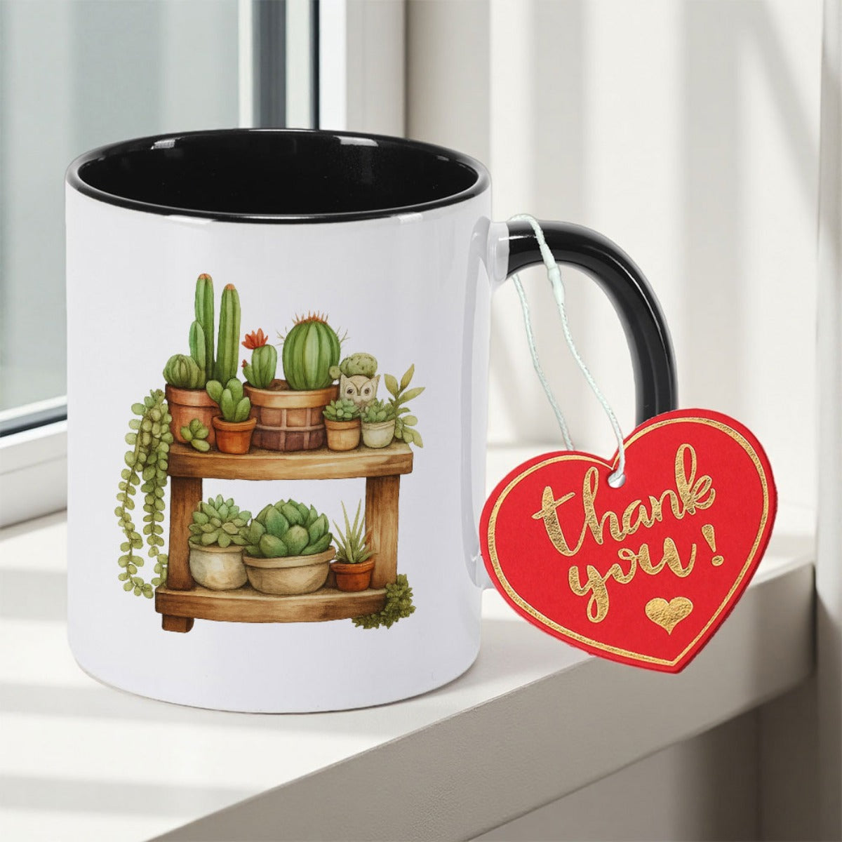 Tailorly Black Accent 11 oz Mug - Boho Sunflower and Cactus design