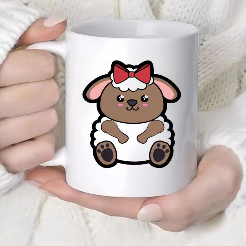 Tailorly White Ceramic 11 oz Mug - Cute Brown Cartoon Lamb Wearing White Wooly Coat And Red Bow Sheep