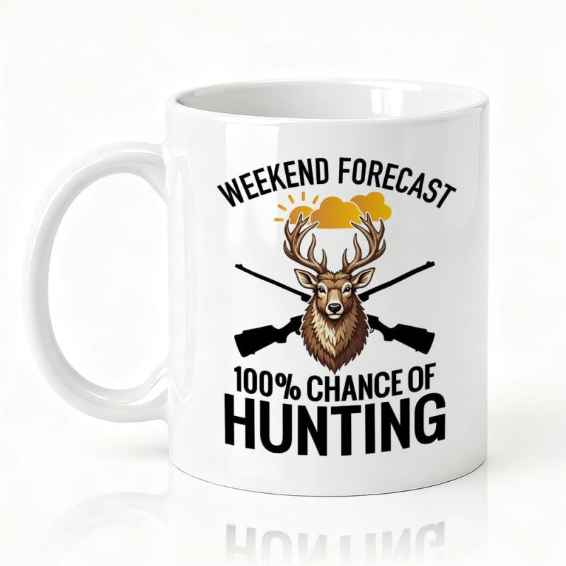 Tailorly White Ceramic 11 oz Mug - Weekend Forecast 100 Chance Of Hunting Majestic Antlered Buck With Crossed Rifles Under Sunny Clouds Deer