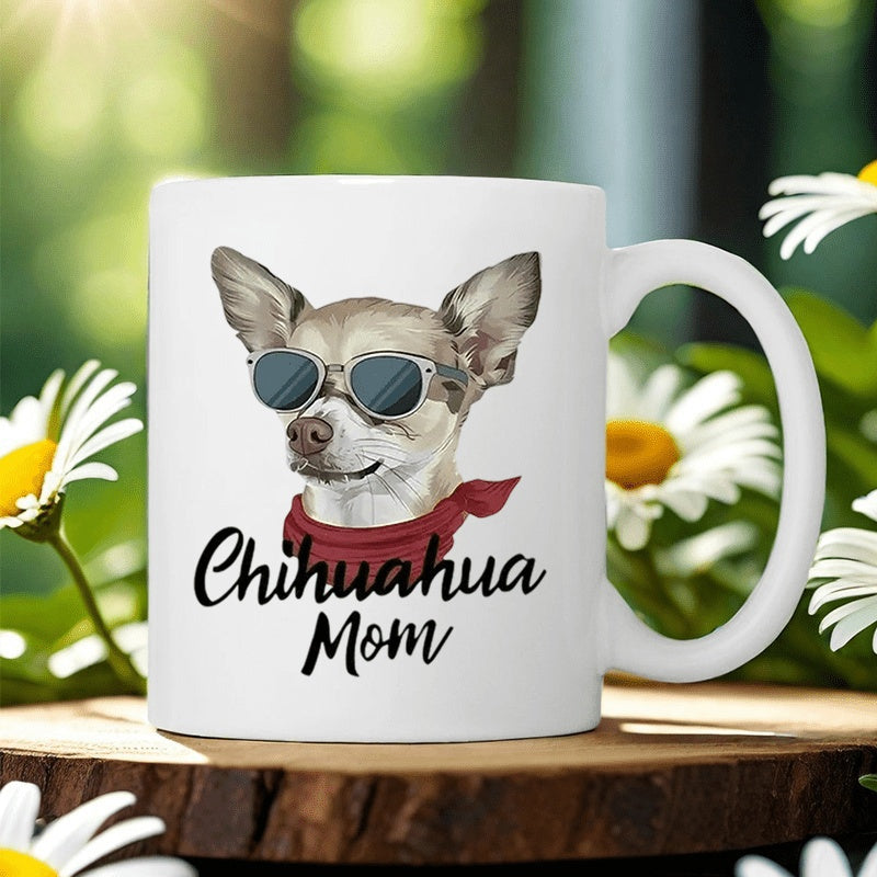 Tailorly White Ceramic 11 oz Mug - Chihuahua Mom Stylish Dog Wearing Cool Sunglasses And A Red Neck Scarf Chihuahua
