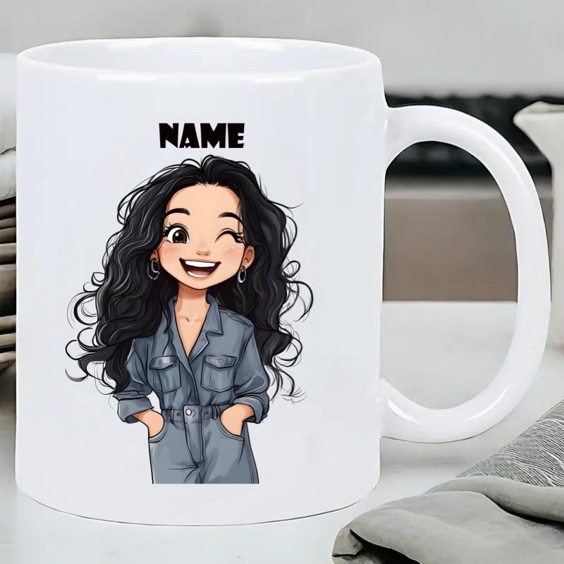Tailorly White Ceramic 11 oz Mug - Name Charming Cartoon With Long Black Curly Hair Wearing Denim Jumpsuit Girl