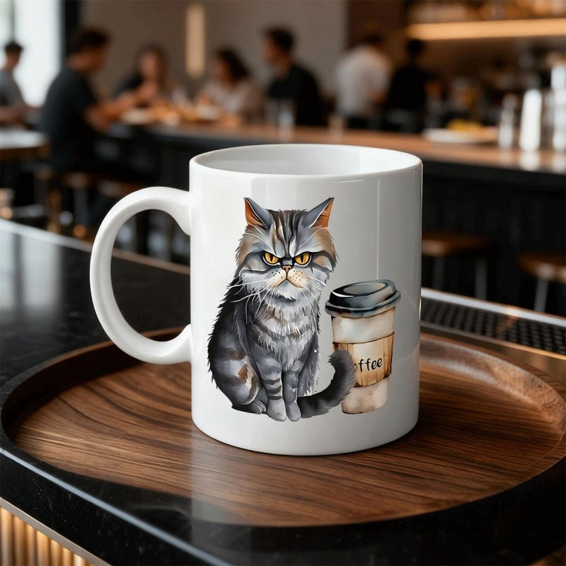 Tailorly White Ceramic 11 oz Mug - Coffee Grumpy Fluffy Long Haired Tabby Sitting Beside A Hot Takeaway Cup Cat