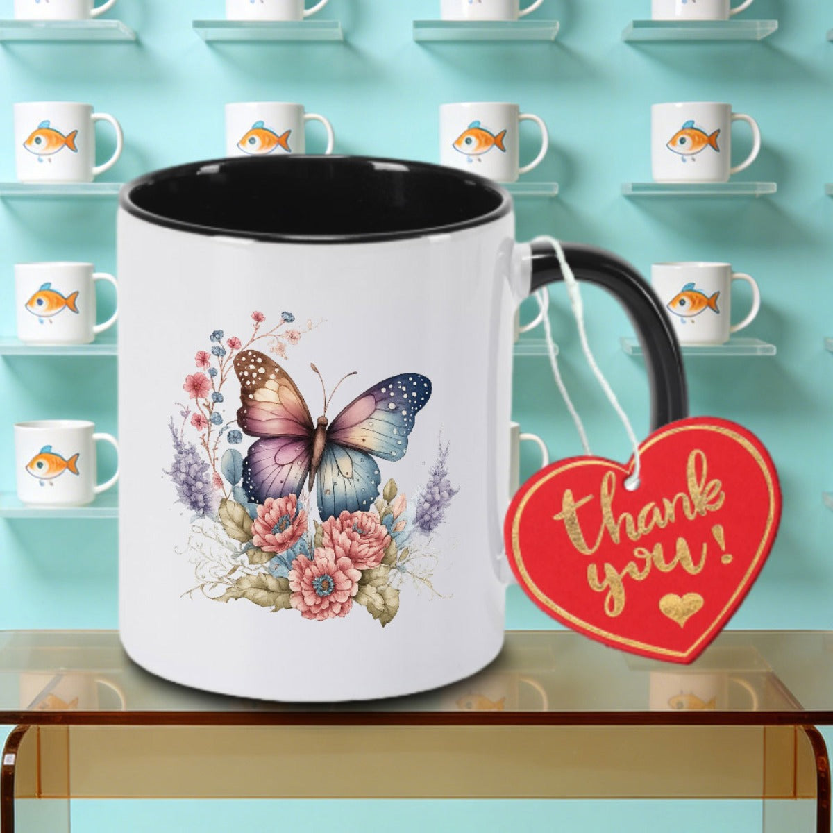 Tailorly Black Accent 11 oz Mug - butterflies and flowers logo
