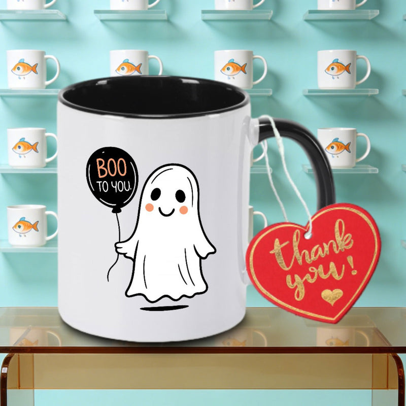 Tailorly Black Accent 11 oz Mug - Waving ghosts balloons Boo