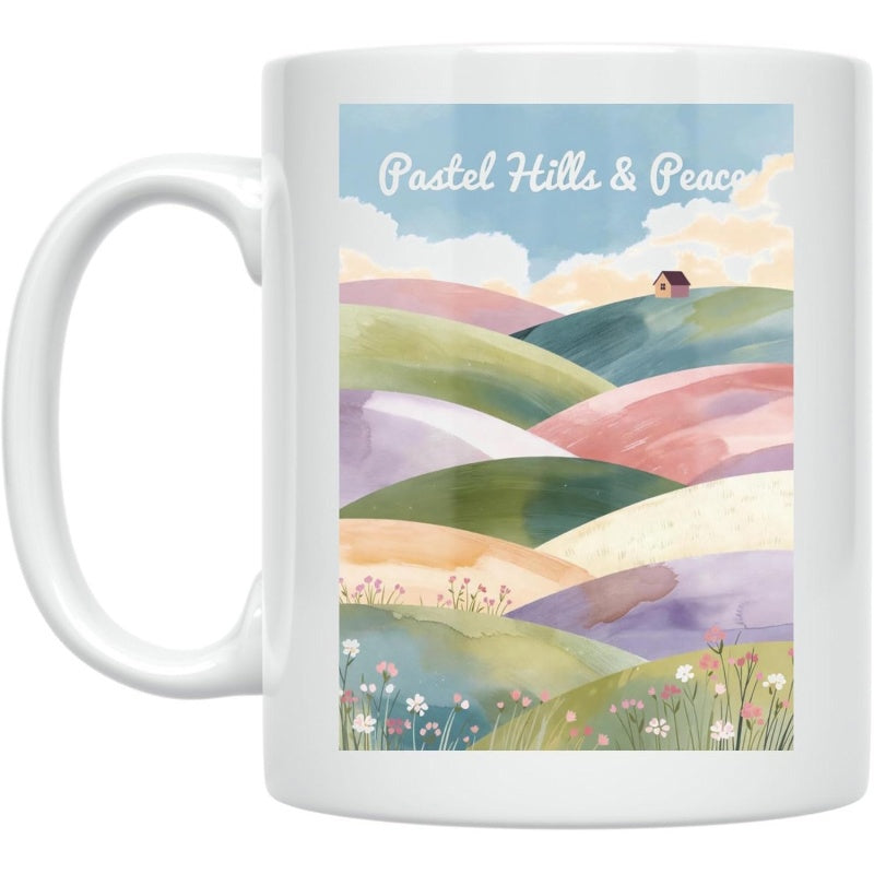 Tailorly White Ceramic 11 oz Mug - Pastel Hills Peace Soft Watercolor Rolling Fields Under Sky With Clouds And Small House Landscape