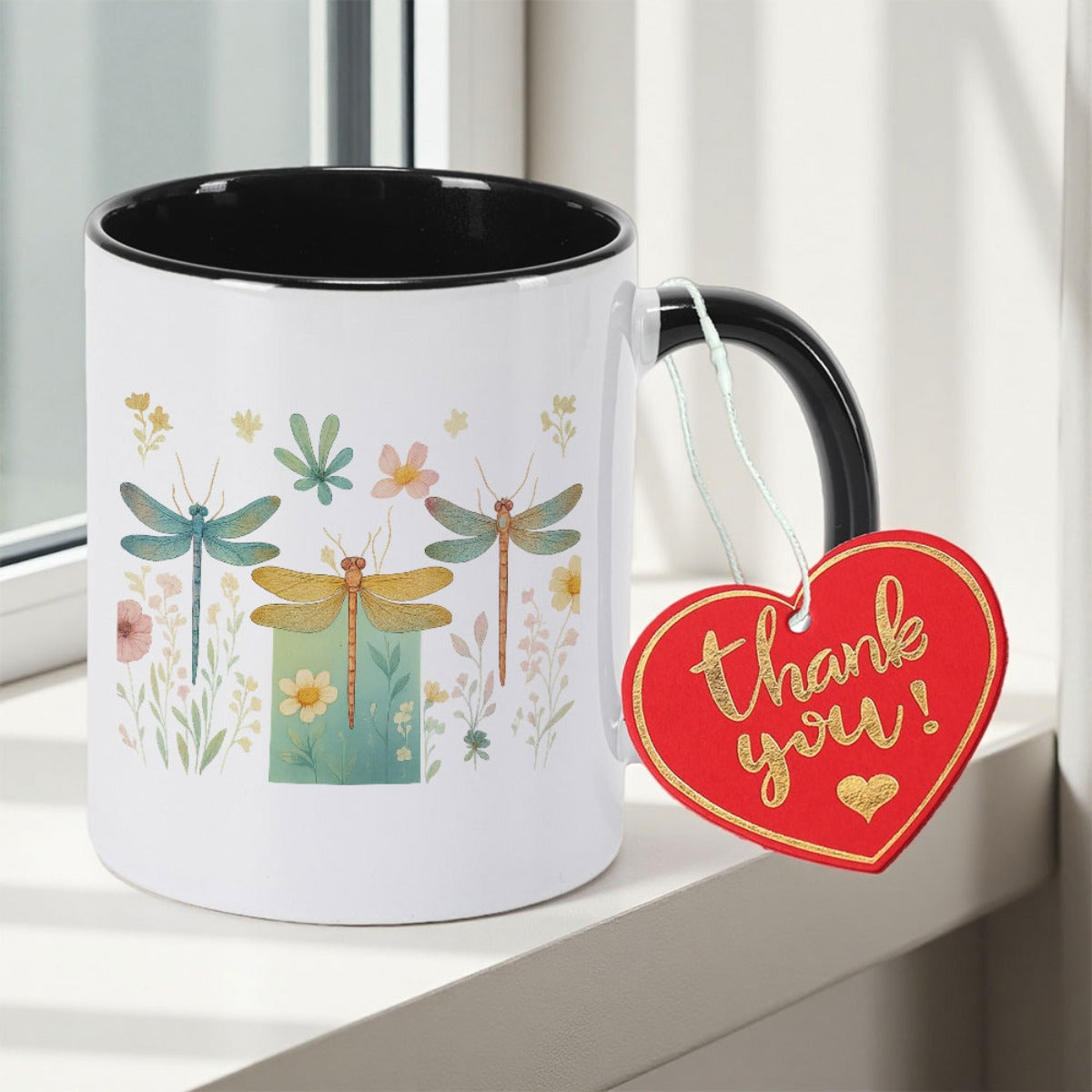Tailorly Black Accent 11 oz Mug - Dragonfly design