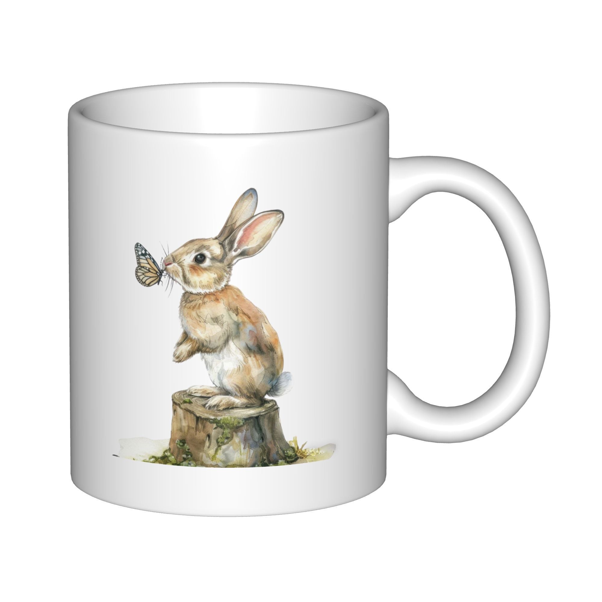 Tailorly White Ceramic 11 oz Mug - Sweet Hand Painted Forest Scene With Butterfly Resting On Nose Of Small Rabbit