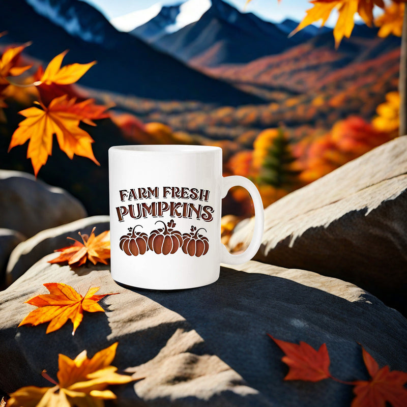 Tailorly White Ceramic 11 oz Mug - Farm Fresh Pumpkins Three Detailed Autumn Harvest Vegetables Arranged Below Bold Stylized Text Pumpkin