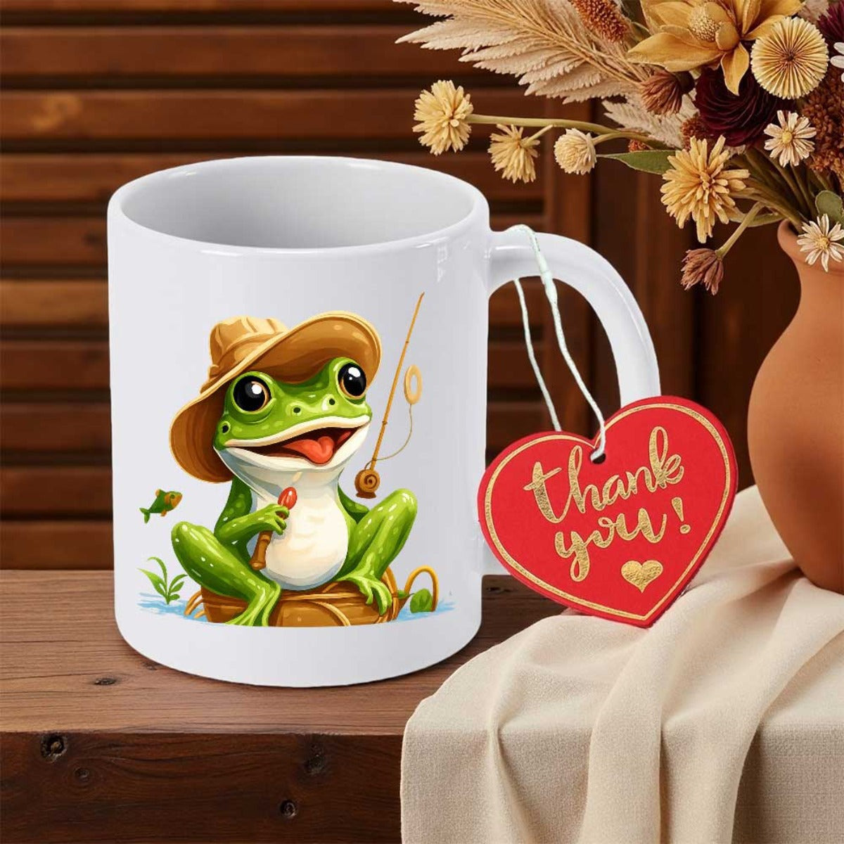 Tailorly White Ceramic 11 oz Mug - Thank You Adorable Green Cartoon Character Wearing Straw Hat Fishing Beside Rippling Water Frog