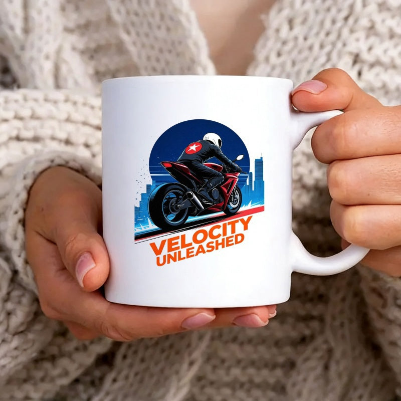 Tailorly White Ceramic 11 oz Mug - Velocity Unleashed Fast Red Sport Bike Speeding Through The Urban City Nightscape Motorcycle
