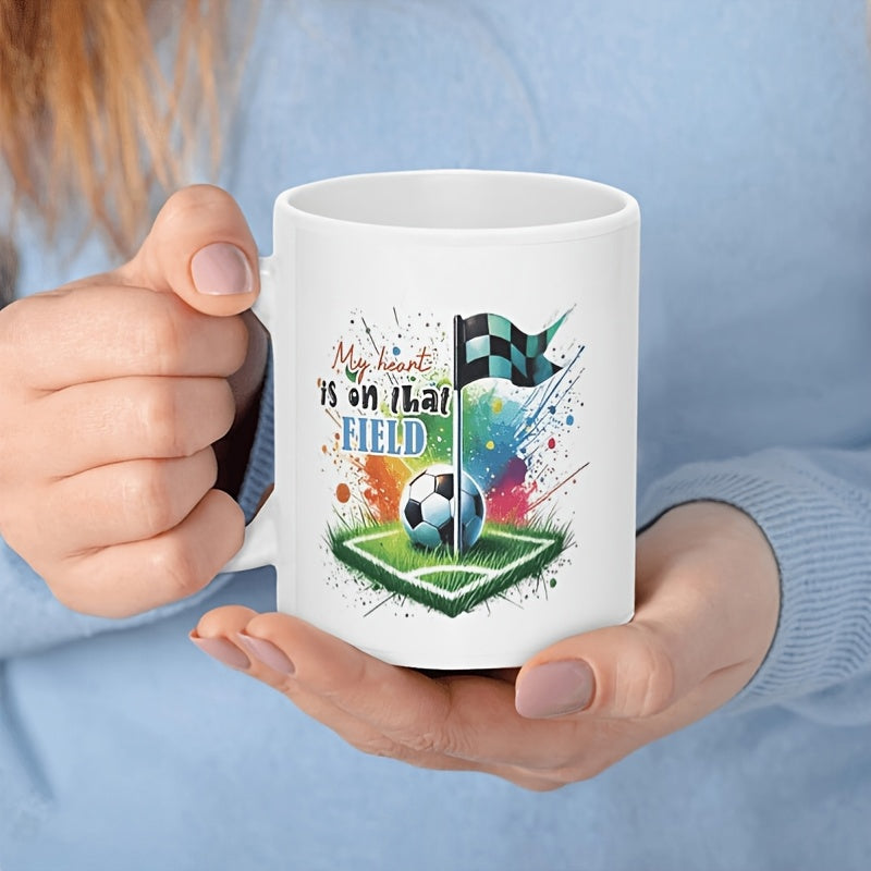 Tailorly White Ceramic 11 oz Mug - My Heart Is On That Field Vibrant Artistic Splashes Surrounding A Corner Pitch With A Flag Soccer Ball