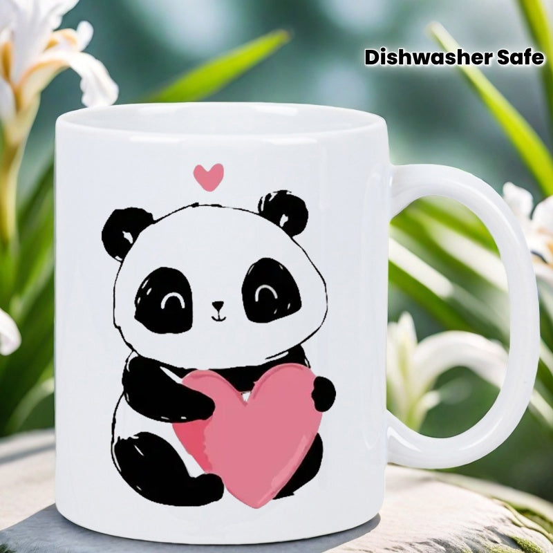 Tailorly White Ceramic 11 oz Mug - Adorable Hand Drawn Sketchy Cartoon Holding A Large Pink Heart Panda