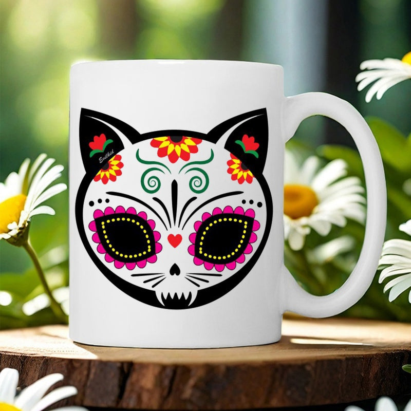 Tailorly White Ceramic 11 oz Mug - Traditional Mexican Sugar Skull With Floral Folk Art Pattern Cat