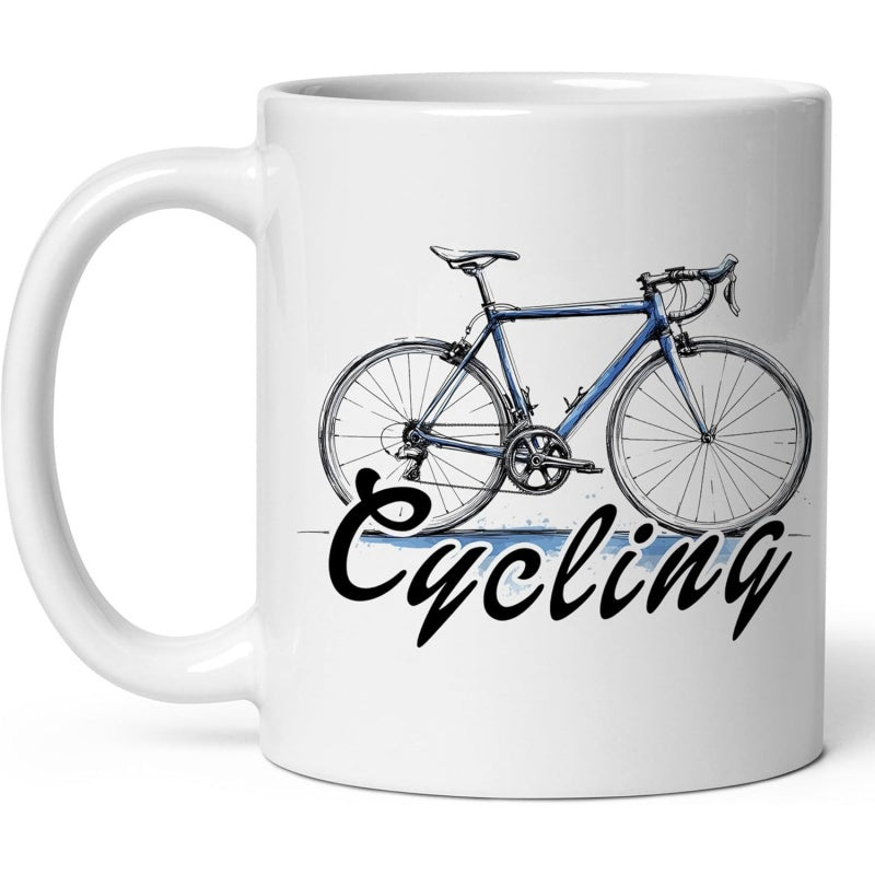 Tailorly White Ceramic 11 oz Mug - Cycling Sleek Professional Blue Road Bike Parked On A Thin Horizon Line Bicycle