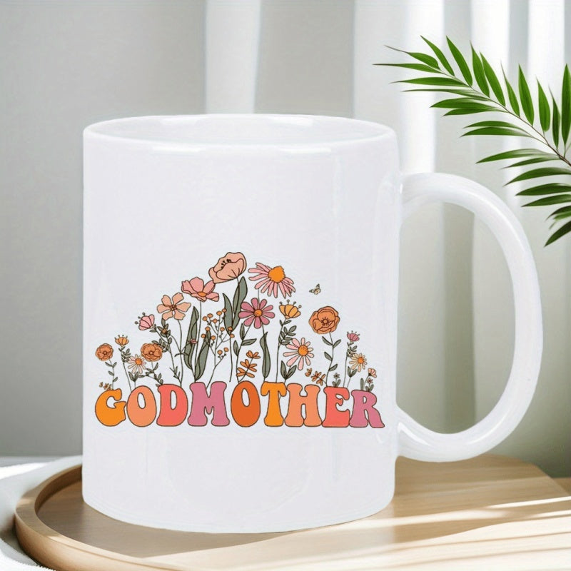 Tailorly White Ceramic 11 oz Mug - Godmother Retro Styled Wildflowers Blooming Gracefully Above Vibrant Colorful Bubble Lettering Flower