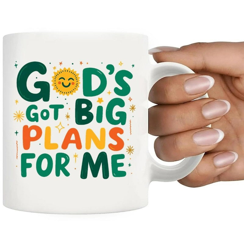 Tailorly White Ceramic 11 oz Mug - Gods Got Big Plans For Me Vibrant Smiling Sun Shining Among Colorful Sparkling Stars And Geometric Dots Sun