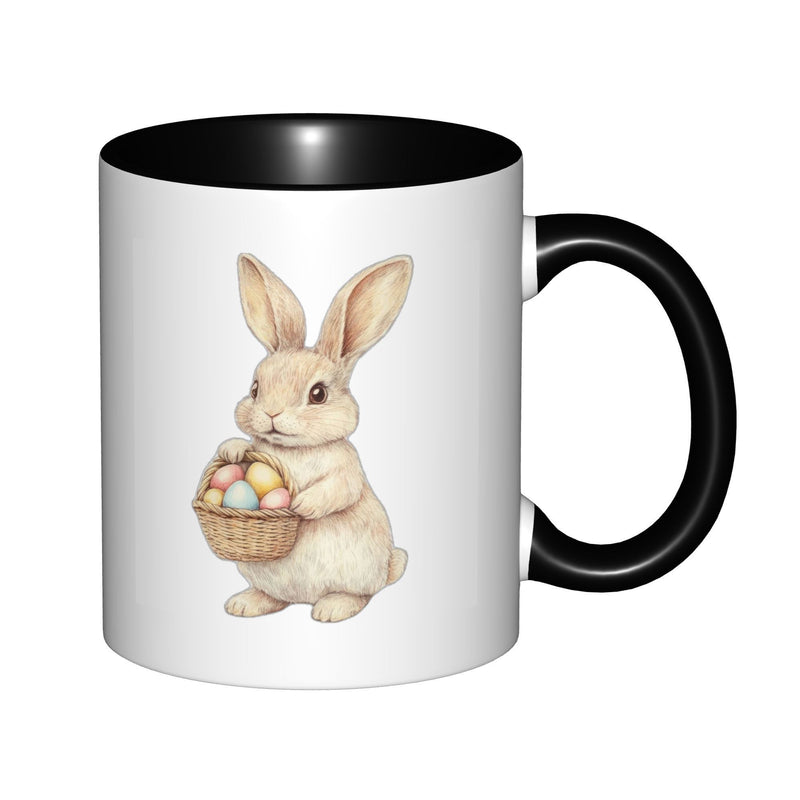 Tailorly Black Accent 11 oz Mug - bunny with basket coffee mug festive rabbit illustration