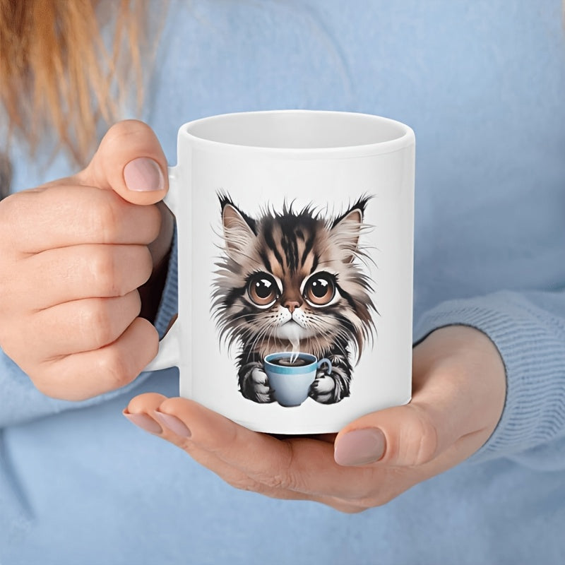 Tailorly White Ceramic 11 oz Mug - Cute Fluffy Brown Tabby With Big Eyes Holding A Small Coffee Kitten