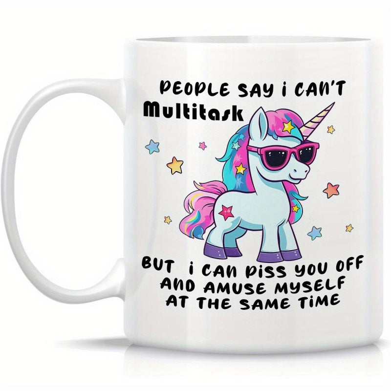 Tailorly White Ceramic 11 oz Mug - People Say I Can T Multitask But I Can Piss You Off And Amuse Myself At The Same Time Cute Magical White Creature Wearing Pink