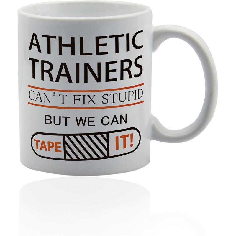 Tailorly White Ceramic 11 oz Mug - Athletic Trainers Can't Fix Stupid But We Can Tape It Humorous Slogan With Medical Bandage Graphic On Ceramic Mug