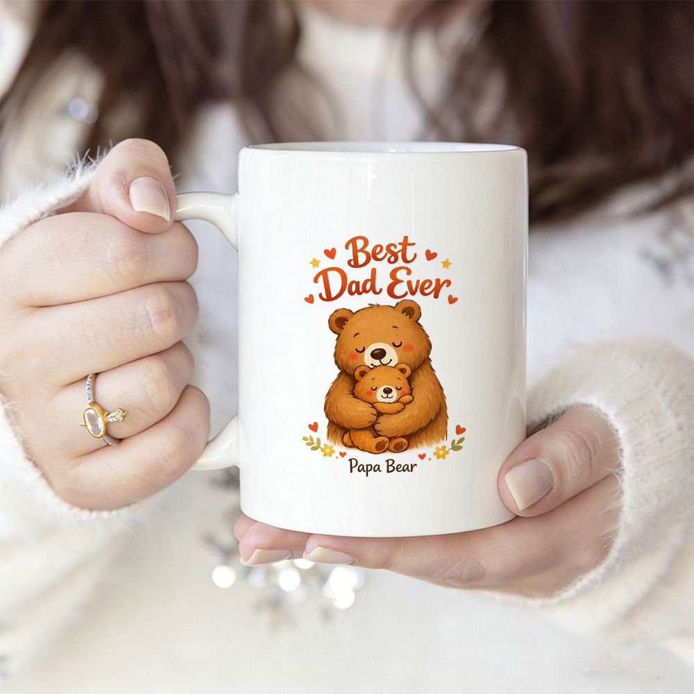 Tailorly White Ceramic 11 oz Mug - Best Dad Ever Papa Bear Adorable Brown Grizzly Bear Hugging Cub With Tiny Red Hearts And Flowers Bear