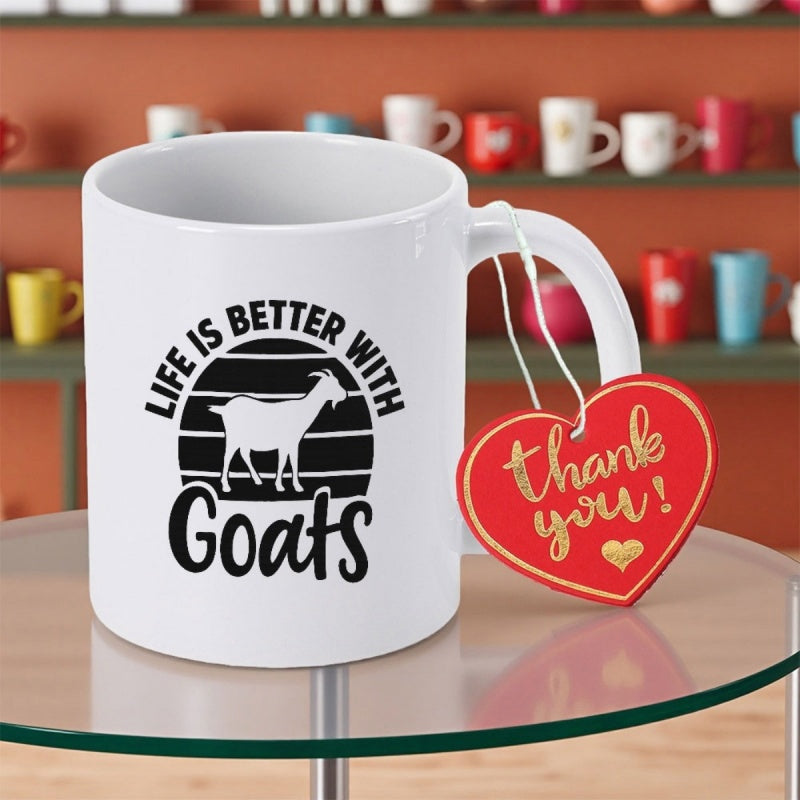 Tailorly White Ceramic 11 oz Mug - Life Is Better With Goats Standing Inside A Retro Circular Sunset Pattern With Farm Vibes Goat