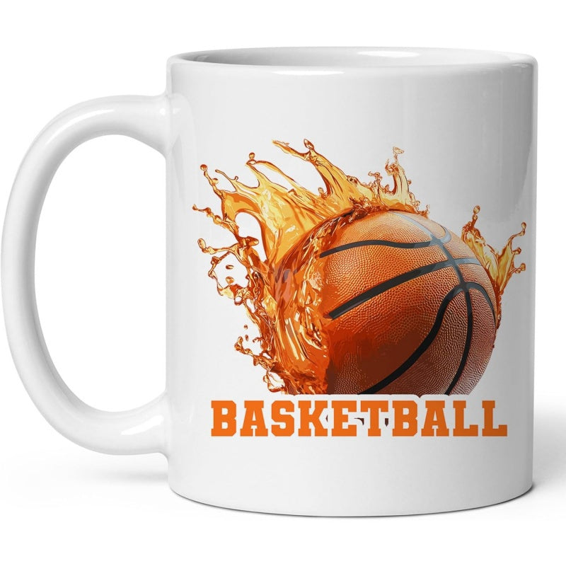 Tailorly White Ceramic 11 oz Mug - Basketball Dynamic Golden Liquid Splashing Over A Textured Realistic Sports Basketball
