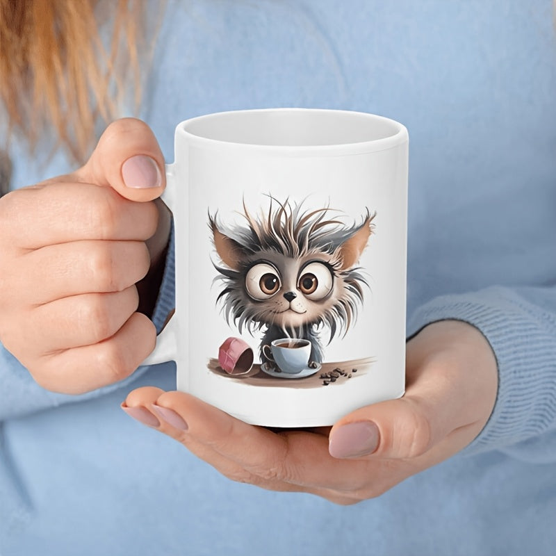 Tailorly White Ceramic 11 oz Mug - Messy Haired Adorable Small Monster Enjoying Warm Morning Coffee Creature
