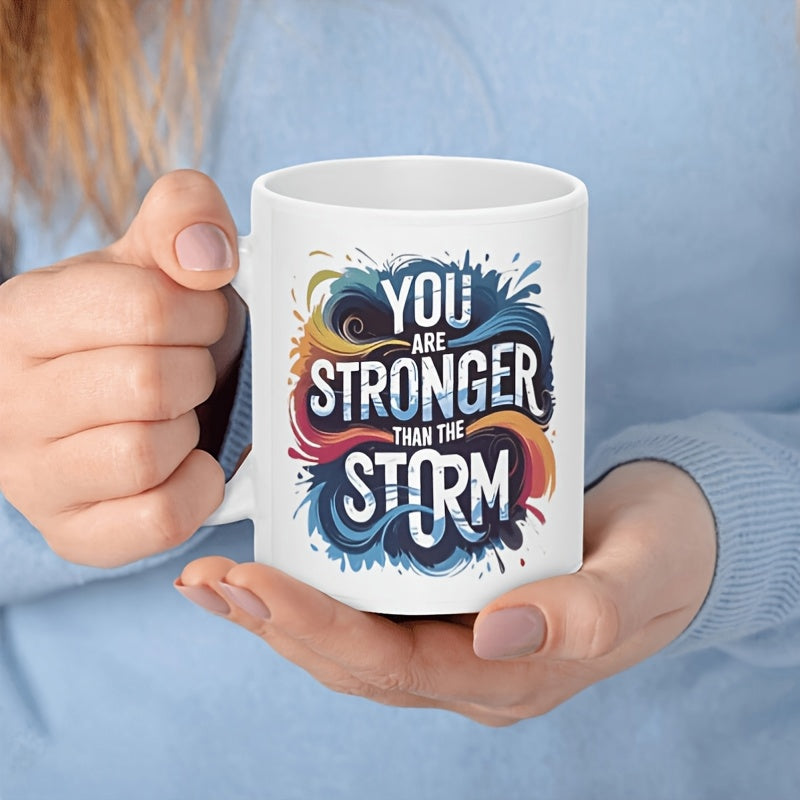 Tailorly White Ceramic 11 oz Mug - You Are Stronger Than The Storm Abstract Colorful Waves Moving Gracefully Around A Powerful Motivational Quote Swirl