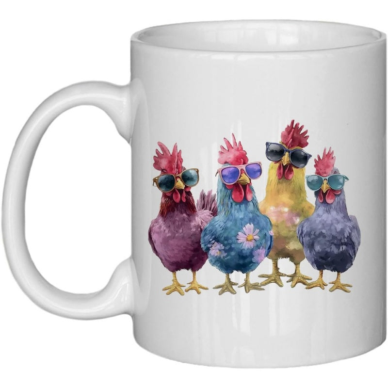 Tailorly White Ceramic 11 oz Mug - Colorful Watercolor Style Featuring Funny Farm Animals Wearing Stylish Sunglasses Chicken