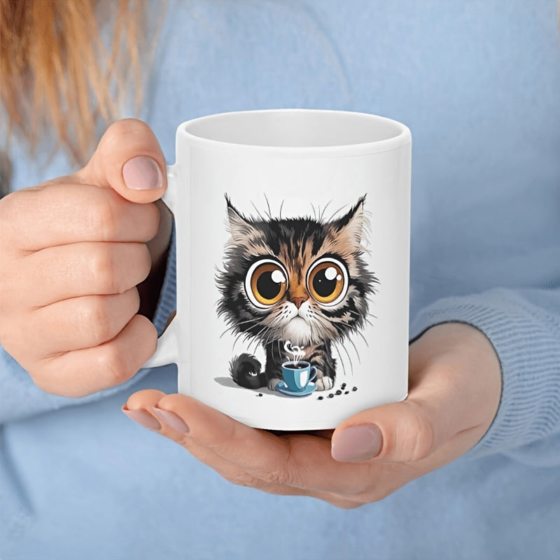 Tailorly White Ceramic 11 oz Mug - Adorable Fluffy Kitten Sitting Peacefully With A Blue Coffee Cup Cat