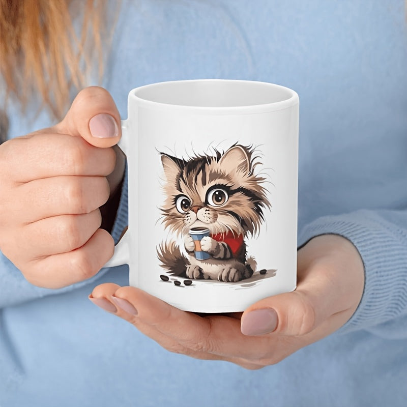 Tailorly White Ceramic 11 oz Mug - Adorable Fluffy Tabby Kitten Wearing Tiny Red Shirt Holding Drink Cat