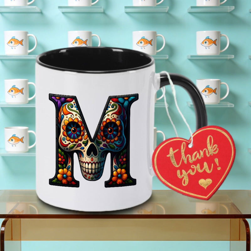 Tailorly Black Accent 11 oz Mug - Skeleton Colorful Skull & Floral Logo