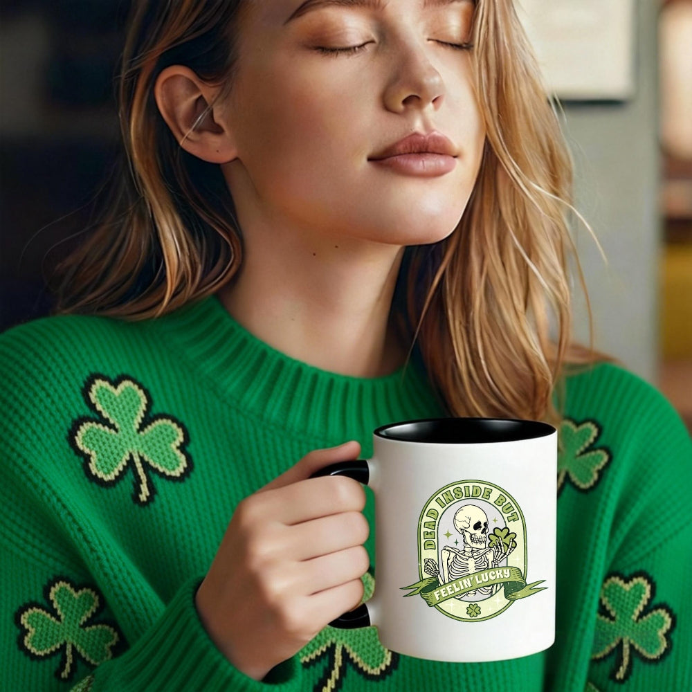 Tailorly Black Accent 11 oz Mug - skull holding shamrock with text and green accents