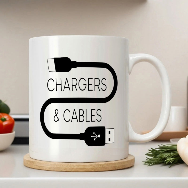 Tailorly White Ceramic 11 oz Mug - Chargers Cables Minimalist Black Winding Wire Featuring Universal Connection Symbol Under Modern Sleek Cable