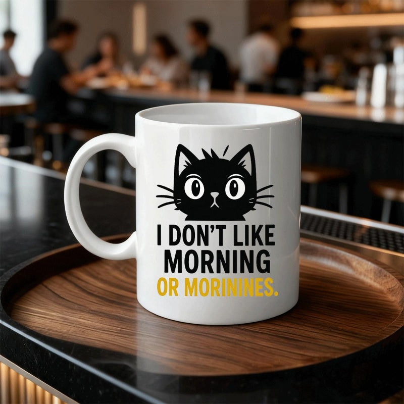 Tailorly White Ceramic 11 oz Mug - I Don't Like Morning Or Morinnes Simple Black Cartoon Feline Face With Large Eyes And Whiskers Cat