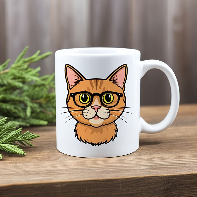 Tailorly White Ceramic 11 oz Mug - Adorable Cartoon Orange Tabby Wearing Stylish Black Frame Nerd Glasses Cat