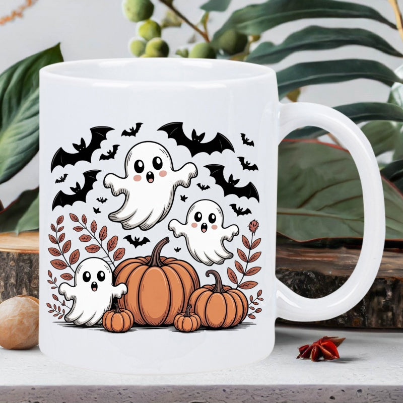 Tailorly White Ceramic 11 oz Mug - Cute Halloween Atmosphere With Flying Bats And Ripe Pumpkins Ghost