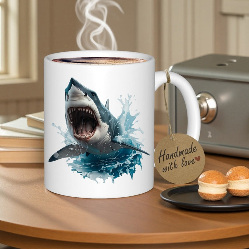 Tailorly White Ceramic 11 oz Mug - Handmade With Love Fierce Great White Leaping Through Splashing Blue Ocean Water Shark
