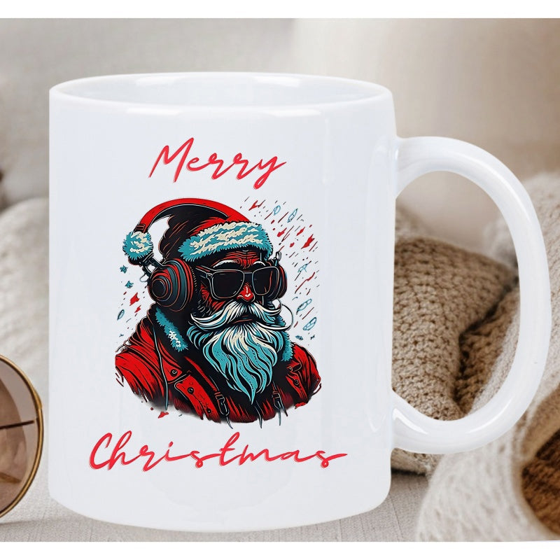 Tailorly White Ceramic 11 oz Mug - Merry Christmas Modern Artistic Illustration Wearing Sunglasses And Large Headphones Santa