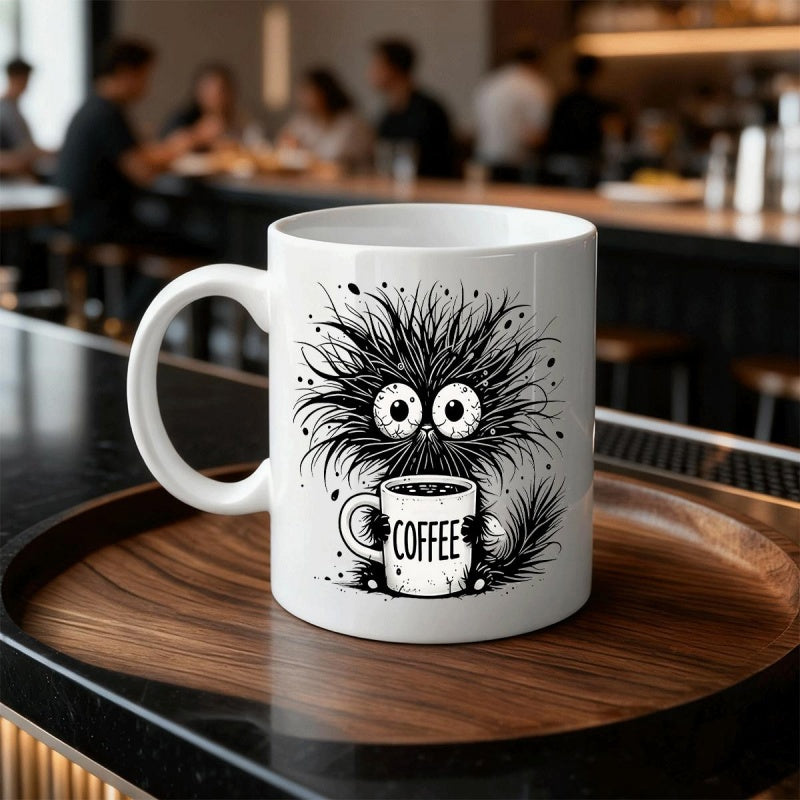 Tailorly White Ceramic 11 oz Mug - Coffee Messy Furry Little Spiky Monster Holding Small Steaming Cup Creature