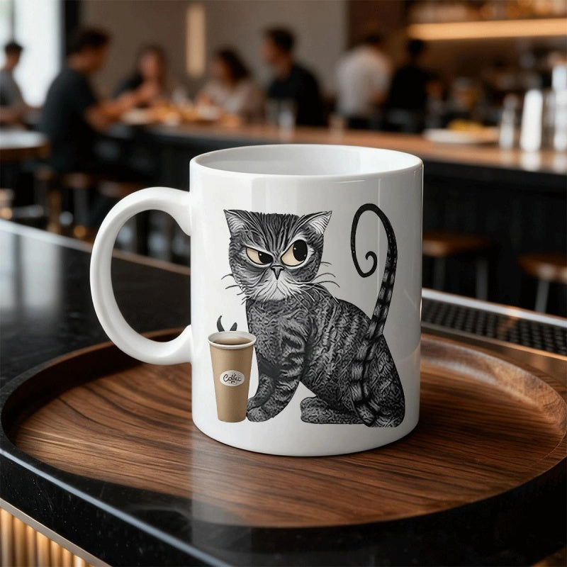 Tailorly White Ceramic 11 oz Mug - Grumpy Striped Tabby Sitting Beside A Small Steaming Takeaway Coffee Cat