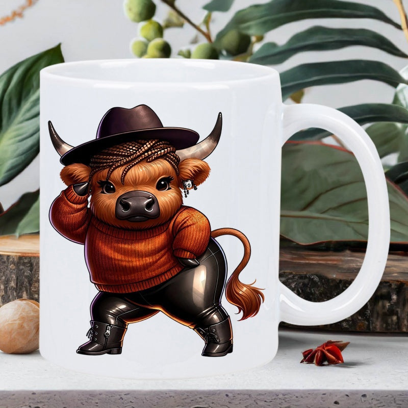 Tailorly White Ceramic 11 oz Mug - Cute Highland Cow Wearing Black Hat And Stylish Orange Winter Sweater Cow