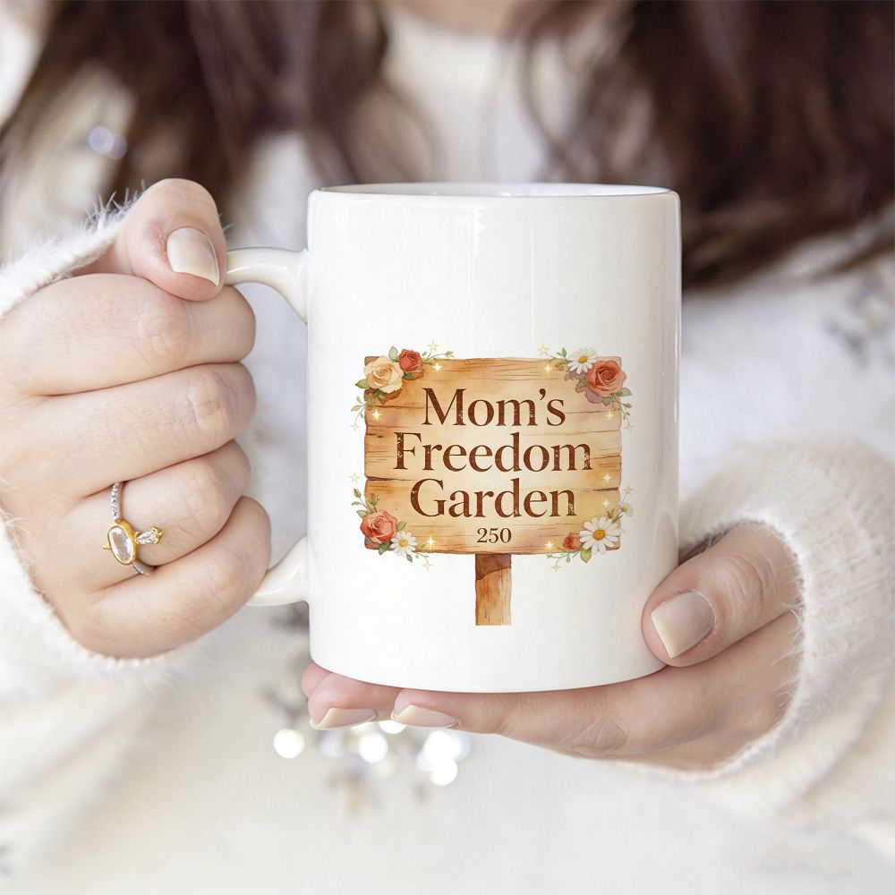 Tailorly White Ceramic 11 oz Mug - Moms Freedom Garden Vintage Style Wooden Board Decorated With Delicate Autumn Flowers Garden Sign