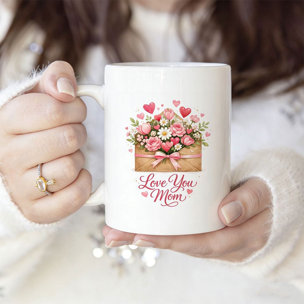 Tailorly White Ceramic 11 oz Mug - Love You Mom Delicate Pink Roses Blooming Inside A Paper Envelope With Hearts Envelope