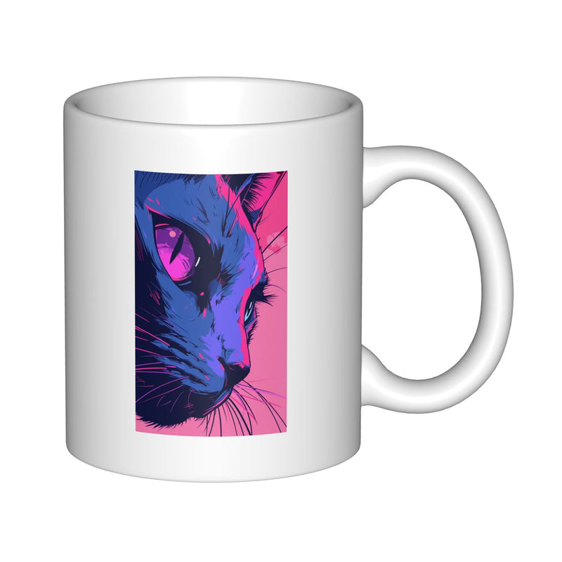 Tailorly White Ceramic 11 oz Mug - Vibrant Synthwave Colors Featuring A Stylized Profile Of A Mysterious Feline Cat