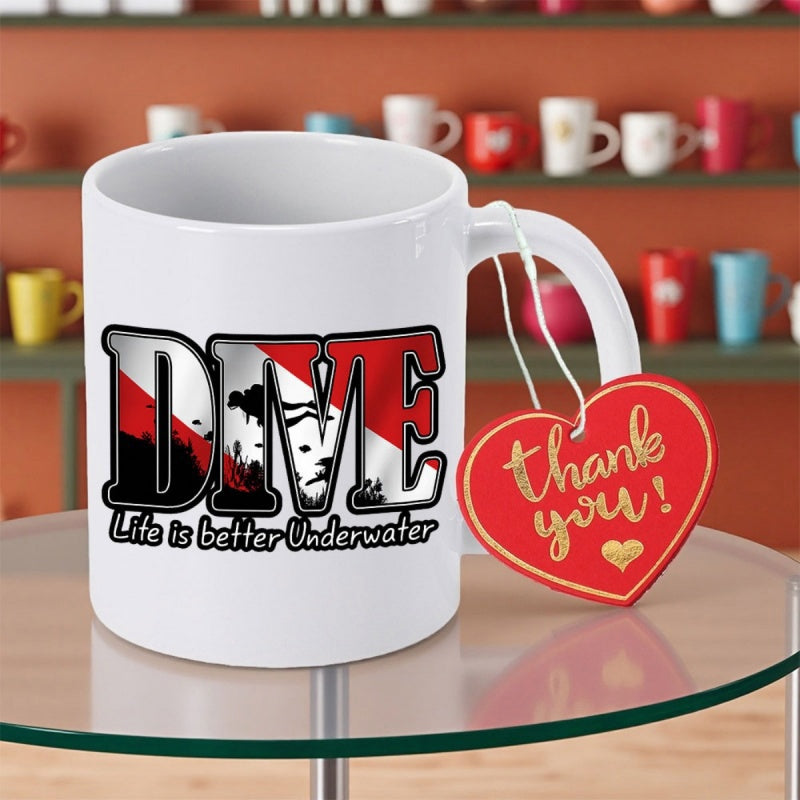 Tailorly White Ceramic 11 oz Mug - Dive Life Is Better Underwater Red And White Flag Pattern With Scuba Diver Silhouette Floating Undersea Diver
